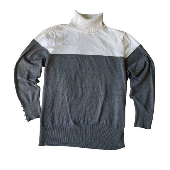 Retrology White & Gray Color Bock Turtleneck Sweater Button Cuff Details | 1X - Picture 1 of 7